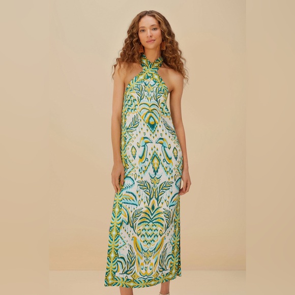 FARM Rio Dresses & Skirts - Farm Rio: TURQUOISE TROPICAL TAPESTRY HALTER MAXI DRESS